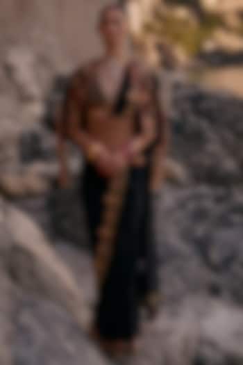 Black & Coral Georgette Pre-Stitched Jacket Bridal Saree Set by SurilyG at Pernia's Pop Up Shop