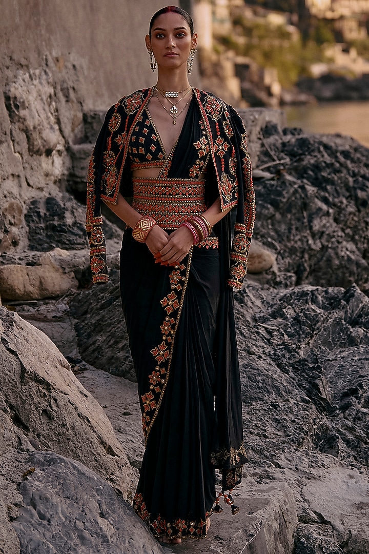 Black & Coral Georgette Pre-Stitched Jacket Bridal Saree Set by SurilyG at Pernia's Pop Up Shop