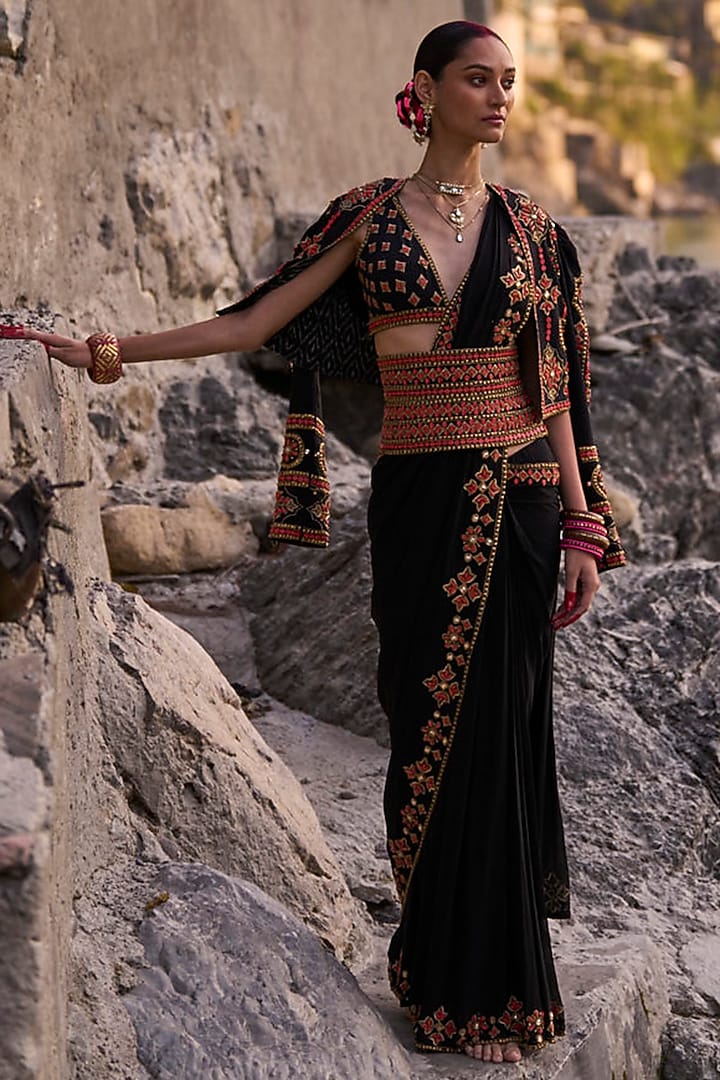 Black & Coral Georgette Pre-Stitched Jacket Bridal Saree Set by SurilyG at Pernia's Pop Up Shop