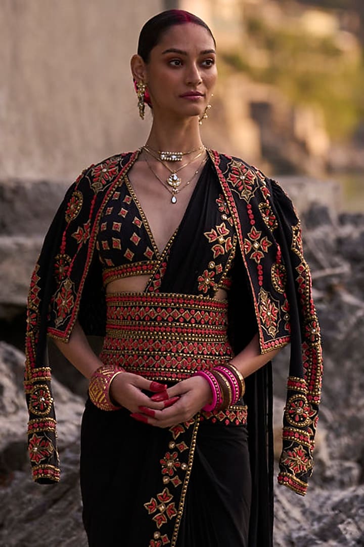Black & Coral Georgette Pre-Stitched Jacket Bridal Saree Set by SurilyG at Pernia's Pop Up Shop