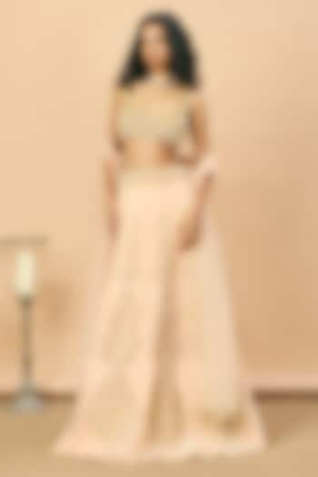 Peach Net Beads Embroidered Bridal Lehenga Set by SurilyG at Pernia's Pop Up Shop
