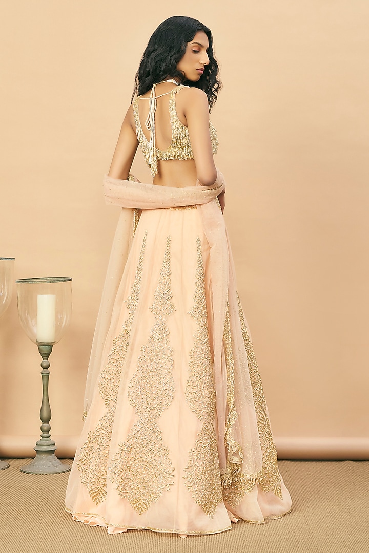 Peach Net Beads Embroidered Bridal Lehenga Set by SurilyG at Pernia's Pop Up Shop
