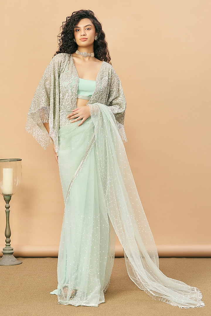 Sea Green Net Jacket Bridal Saree Set by SurilyG at Pernia's Pop Up Shop