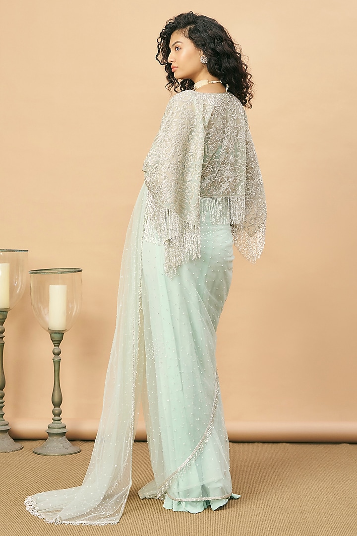 Sea Green Net Jacket Bridal Saree Set by SurilyG at Pernia's Pop Up Shop