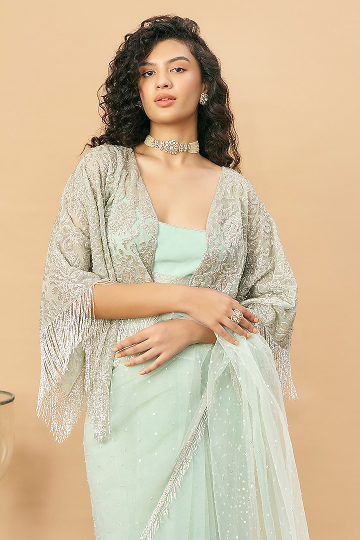 Sea Green Net Jacket Bridal Saree Set by SurilyG at Pernia's Pop Up Shop