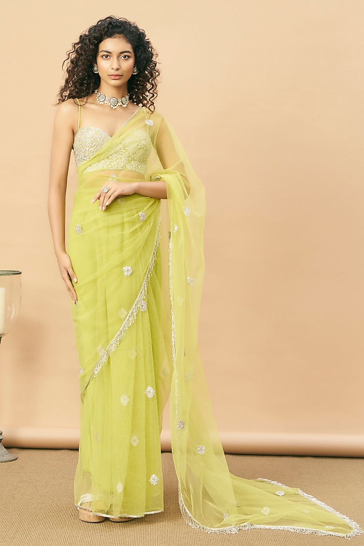 Green Net Reception Saree Set by SurilyG at Pernia's Pop Up Shop