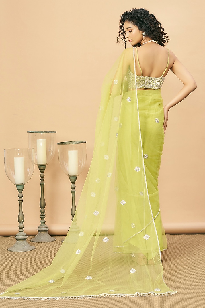 Green Net Reception Saree Set by SurilyG at Pernia's Pop Up Shop