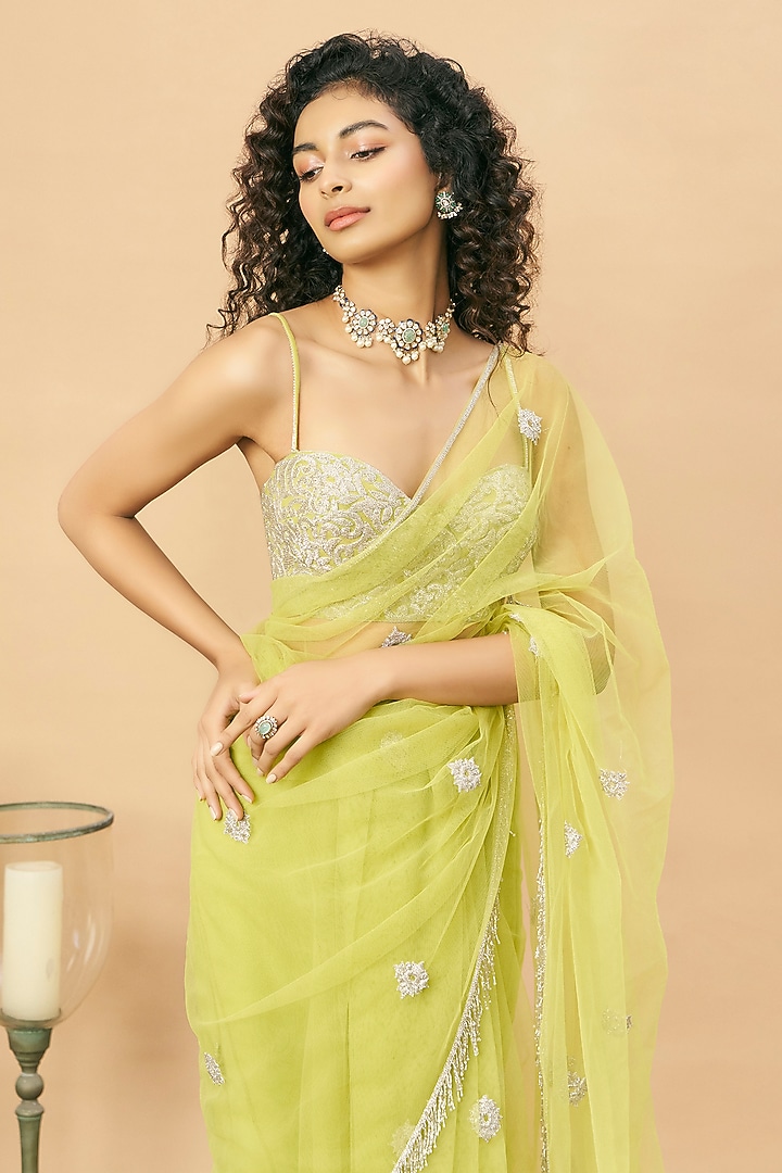 Green Net Reception Saree Set by SurilyG at Pernia's Pop Up Shop