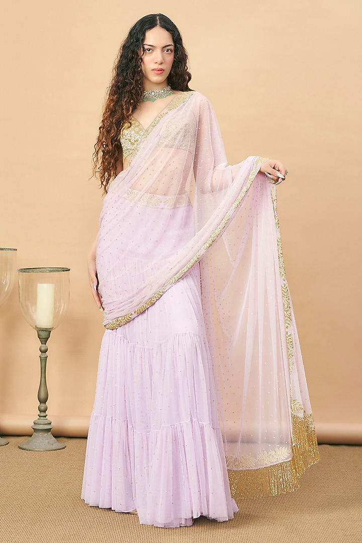 Lavender Net Tiered Reception Saree Set by SurilyG at Pernia's Pop Up Shop