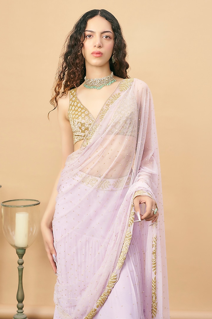Lavender Net Tiered Reception Saree Set by SurilyG at Pernia's Pop Up Shop