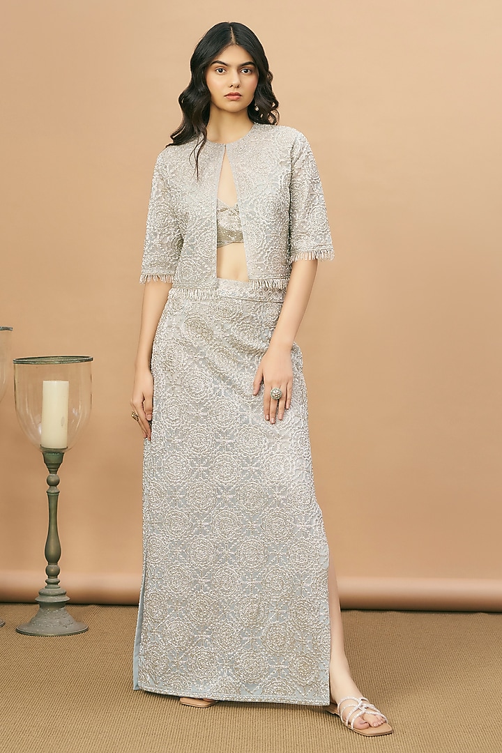 Blue Net Beads Embroidered Jacket Set by SurilyG at Pernia's Pop Up Shop