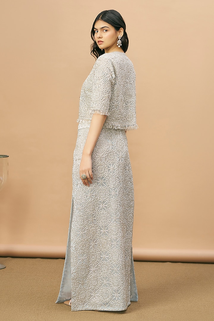Blue Net Beads Embroidered Jacket Set by SurilyG at Pernia's Pop Up Shop