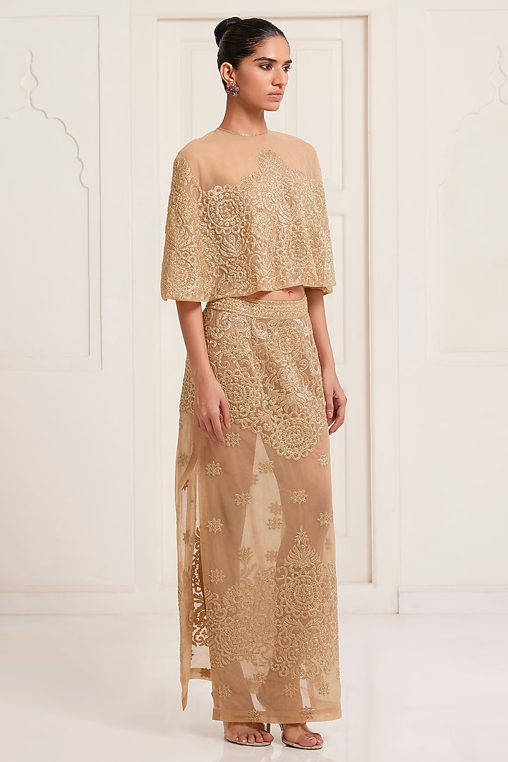 Golden Net Beads Embroidered Skirt Set by SurilyG at Pernia's Pop Up Shop