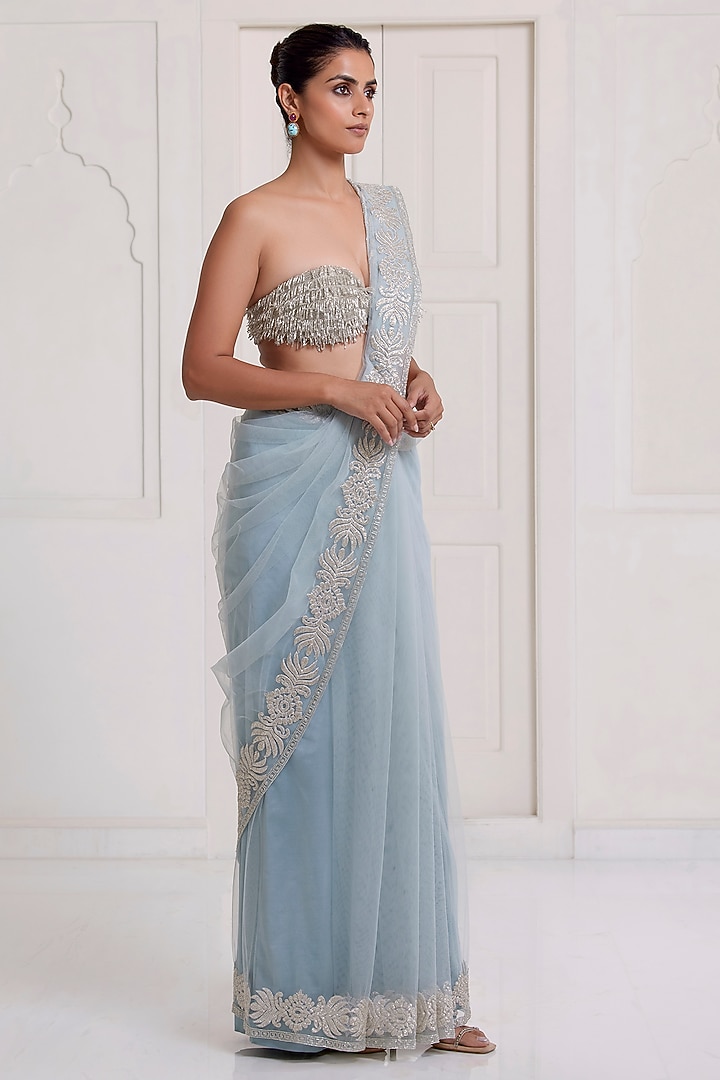 Blue Net Reception Saree Set by SurilyG at Pernia's Pop Up Shop