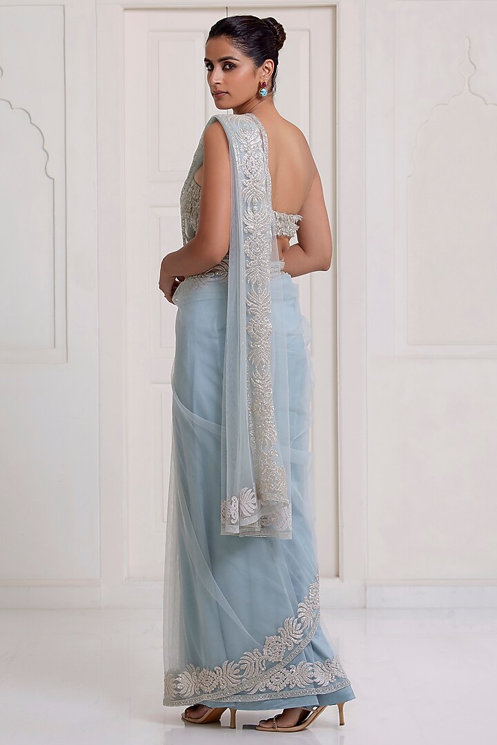 Blue Net Reception Saree Set by SurilyG at Pernia's Pop Up Shop