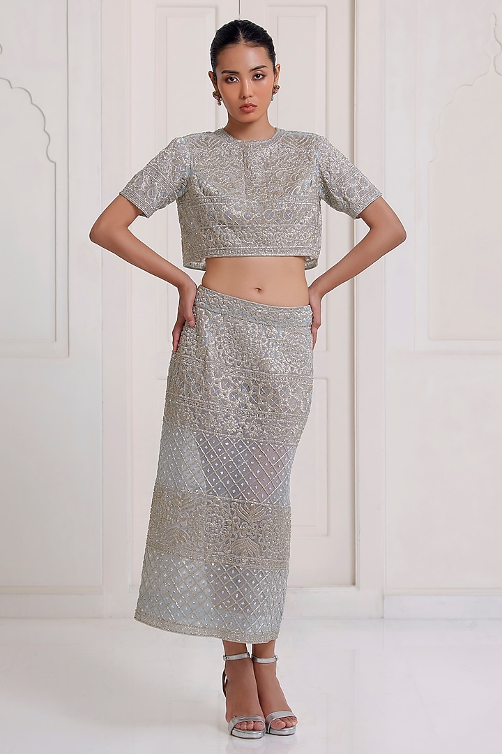 Blue Net Beads Embroidered Skirt Set by SurilyG at Pernia's Pop Up Shop