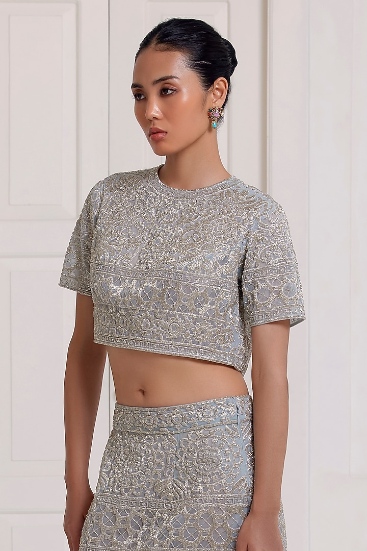 Blue Net Beads Embroidered Skirt Set by SurilyG at Pernia's Pop Up Shop
