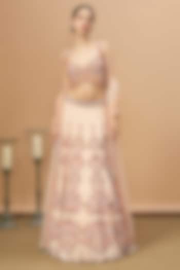 Peach Net Embroidered Bridal Lehenga Set by SurilyG at Pernia's Pop Up Shop