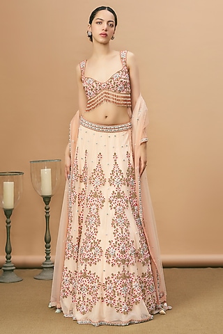 Peach Net Embroidered Lehenga Set by SurilyG