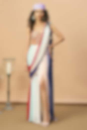 Multi-Colored Georgette Embroidered Pre-Stitched Bridal Saree Set by SurilyG at Pernia's Pop Up Shop