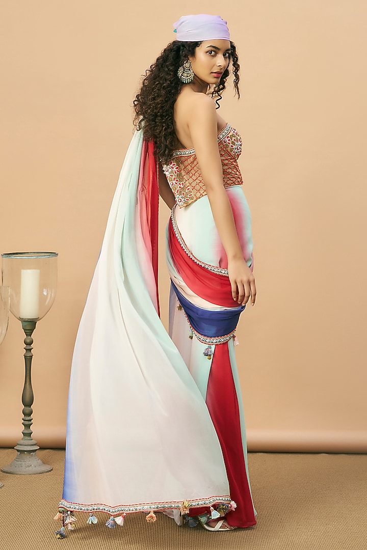 Multi-Colored Georgette Embroidered Pre-Stitched Bridal Saree Set by SurilyG at Pernia's Pop Up Shop