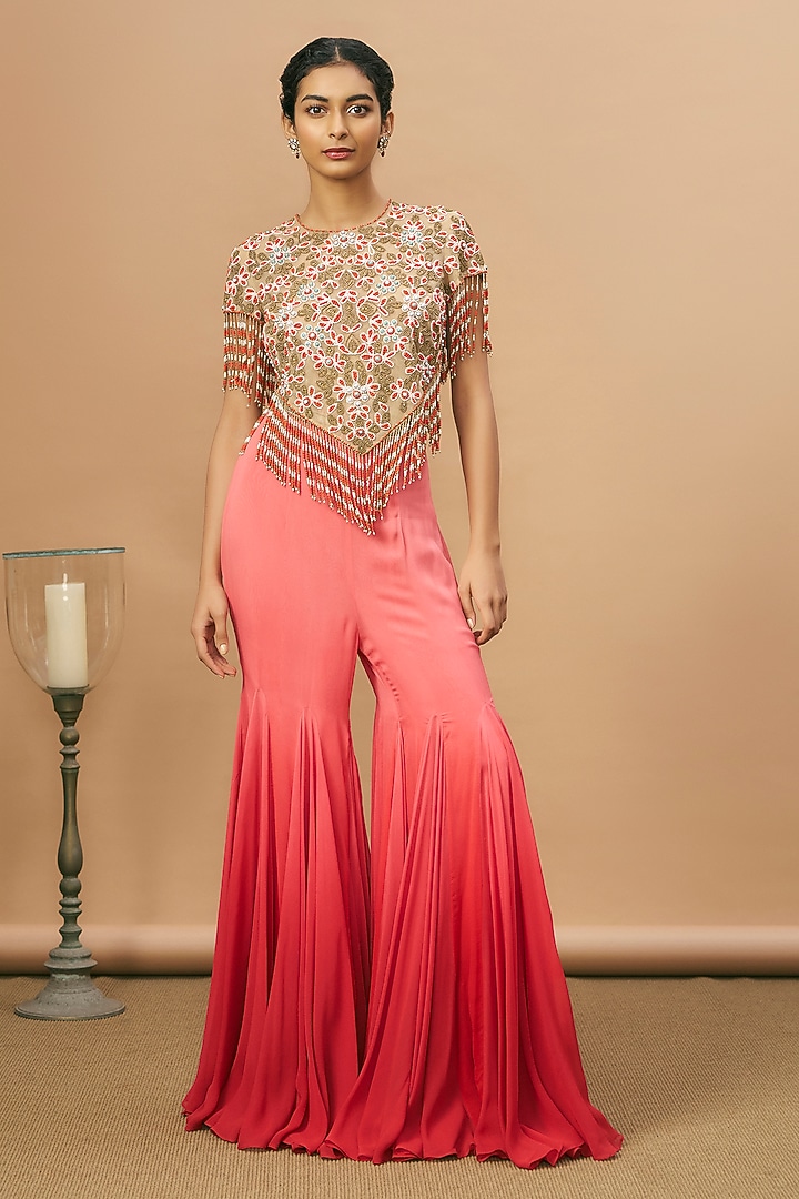 Coral Ombre Georgette Bridal Sharara Set by SurilyG at Pernia's Pop Up Shop