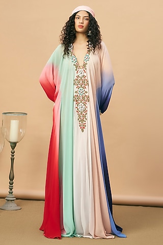 Multi-Colored Georgette Embroidered Shaded Kaftan by SurilyG