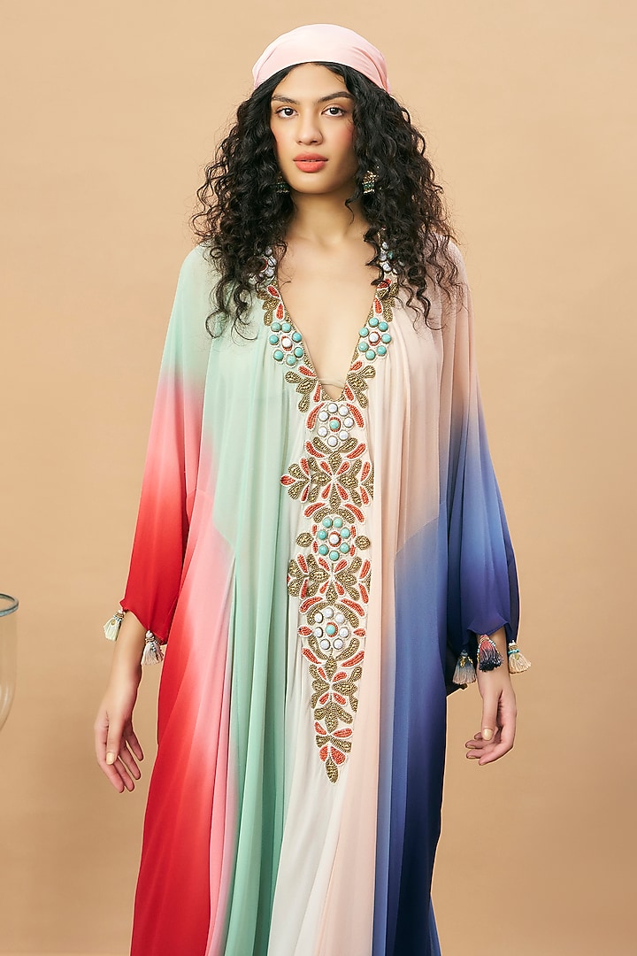 Multi-Colored Georgette Embroidered Shaded Kaftan by SurilyG at Pernia's Pop Up Shop
