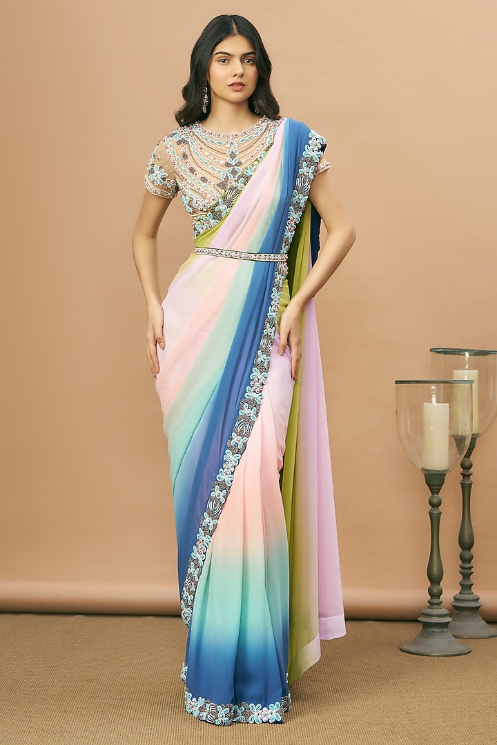 Multi-Colored Georgette Embroidered Bridal Saree Set by SurilyG at Pernia's Pop Up Shop