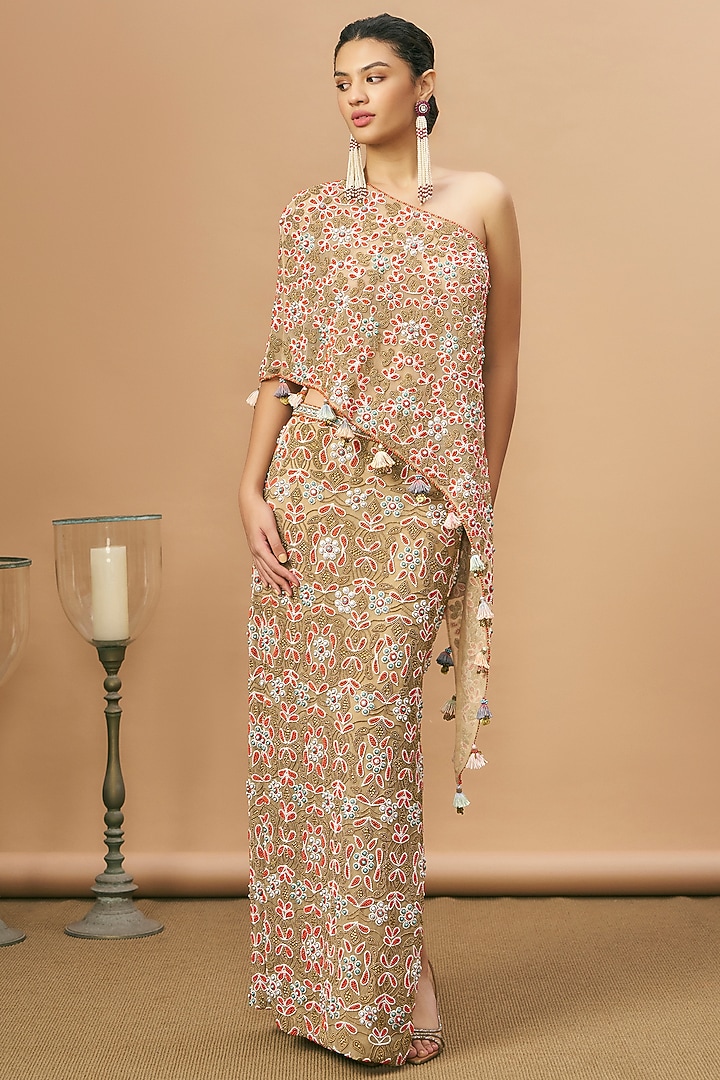 Nude Net Coral Embroidered Skirt Set by SurilyG at Pernia's Pop Up Shop