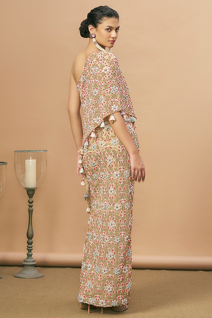Nude Net Coral Embroidered Skirt Set by SurilyG at Pernia's Pop Up Shop