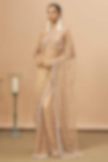 Nude Net Coral Embroidered Bridal Saree Set by SurilyG at Pernia's Pop Up Shop