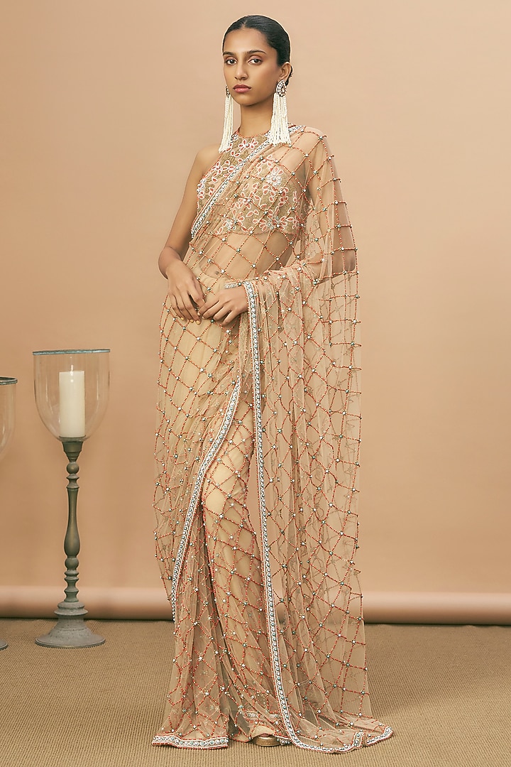 Nude Net Coral Embroidered Bridal Saree Set by SurilyG at Pernia's Pop Up Shop