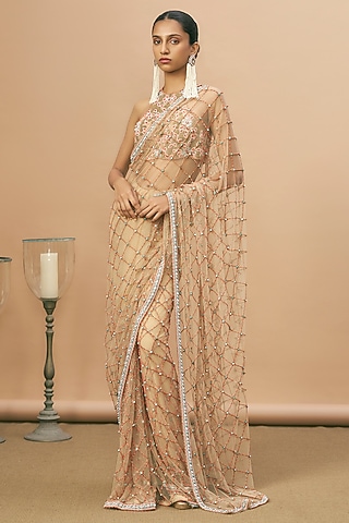 Nude Net Coral Embroidered Saree Set by SurilyG