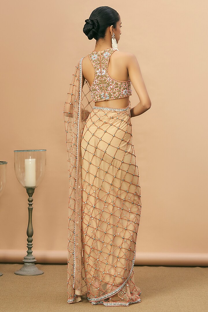 Nude Net Coral Embroidered Bridal Saree Set by SurilyG at Pernia's Pop Up Shop