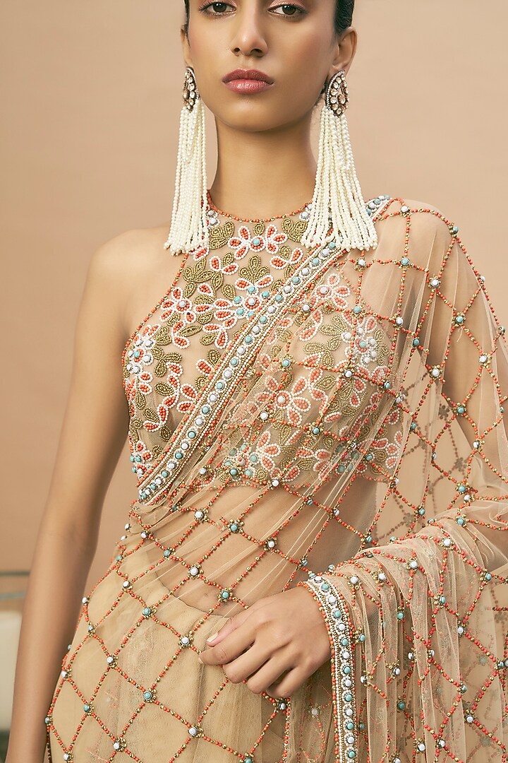 Nude Net Coral Embroidered Bridal Saree Set by SurilyG at Pernia's Pop Up Shop