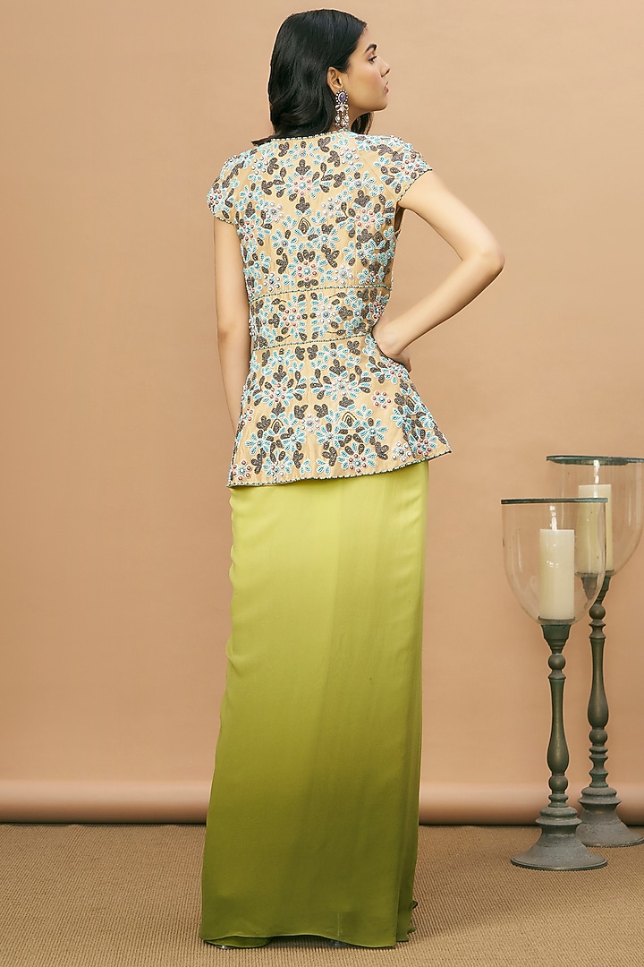 Green Silk & Georgette Ombre Georgette Draped Skirt Set by SurilyG at Pernia's Pop Up Shop