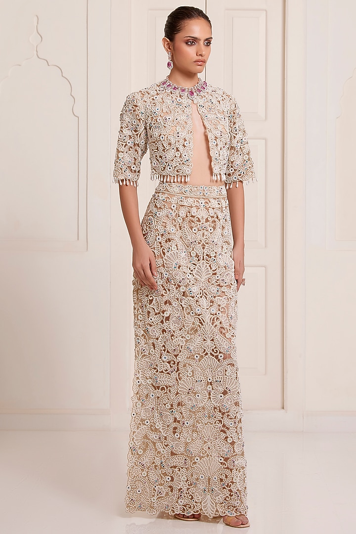 Ivory Net Pearl Embroidered Skirt Set by SurilyG at Pernia's Pop Up Shop