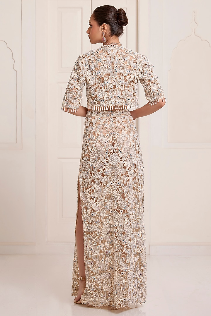 Ivory Net Pearl Embroidered Skirt Set by SurilyG at Pernia's Pop Up Shop