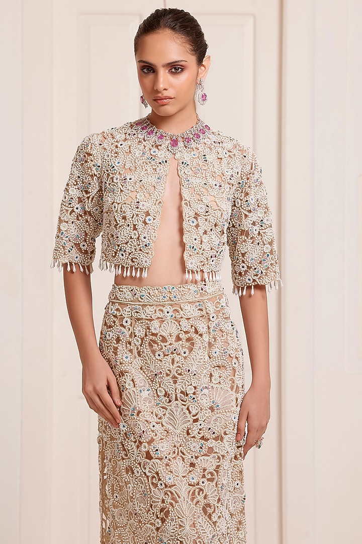 Ivory Net Pearl Embroidered Skirt Set by SurilyG at Pernia's Pop Up Shop