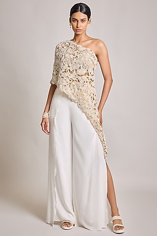 Ivory Net & Georgette Pant Set by SurilyG