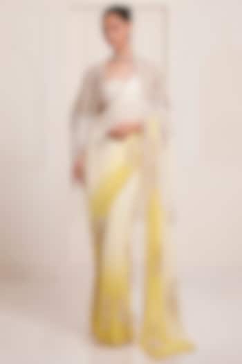 Ivory-Yellow Ombre Net & Georgette Bridal Saree Set by SurilyG at Pernia's Pop Up Shop