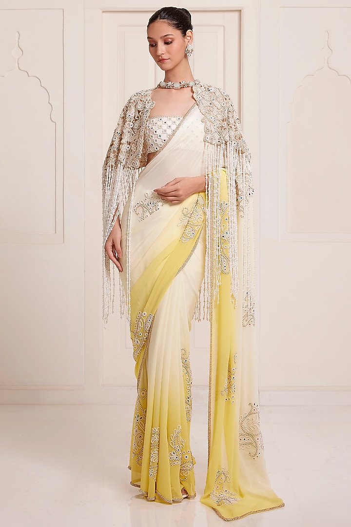 Ivory-Yellow Ombre Net & Georgette Bridal Saree Set by SurilyG at Pernia's Pop Up Shop