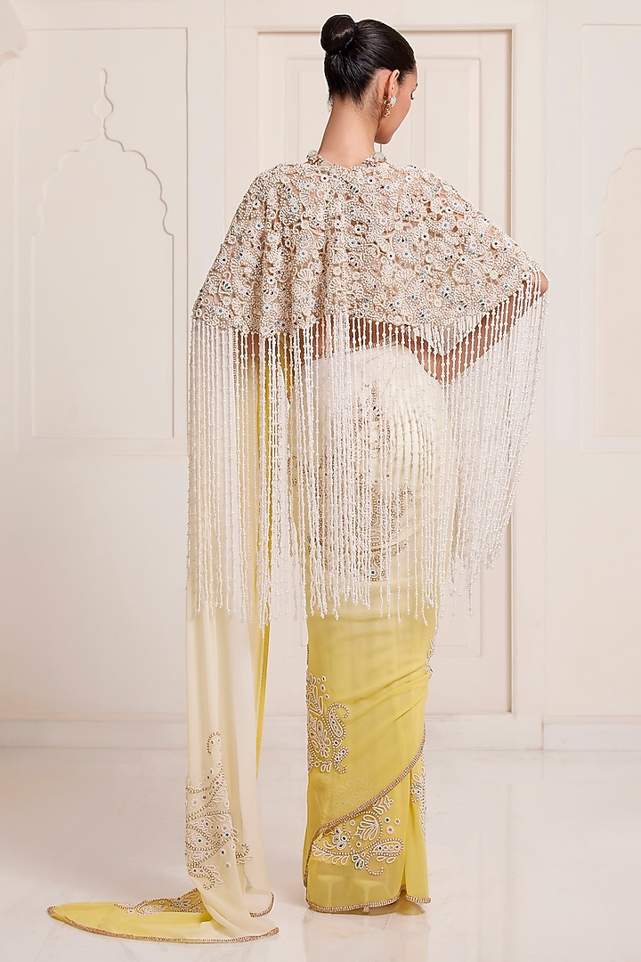 Ivory-Yellow Ombre Net & Georgette Bridal Saree Set by SurilyG at Pernia's Pop Up Shop