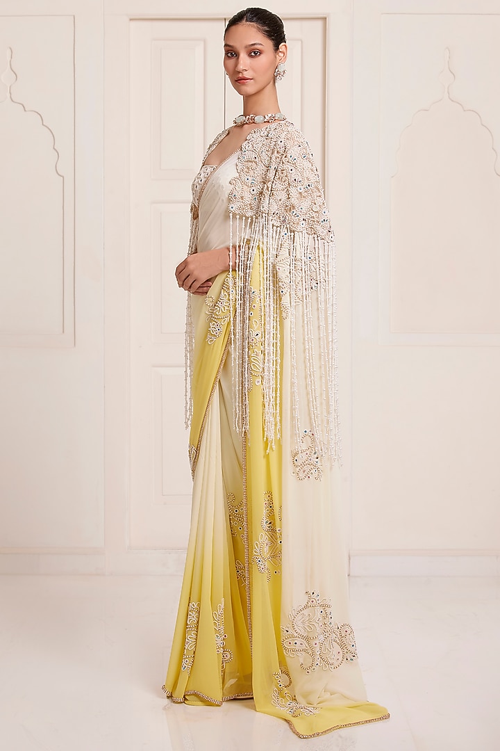 Ivory-Yellow Ombre Net & Georgette Bridal Saree Set by SurilyG at Pernia's Pop Up Shop
