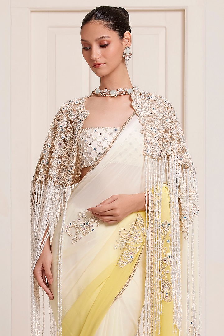 Ivory-Yellow Ombre Net & Georgette Bridal Saree Set by SurilyG at Pernia's Pop Up Shop