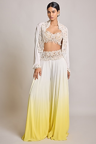 Ivory Net & Georgette Pearl Embroidered Cape Set by SurilyG