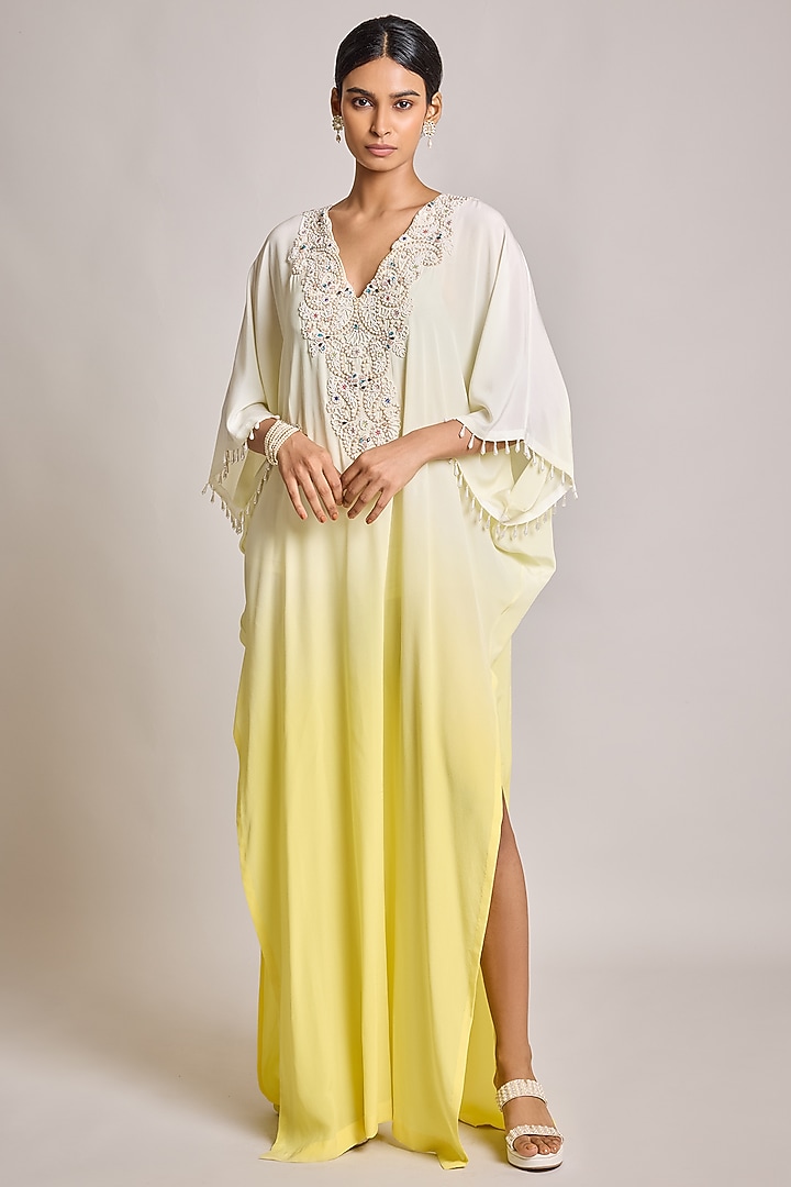 Ivory Crepe Embroidered Kaftan by SurilyG at Pernia's Pop Up Shop