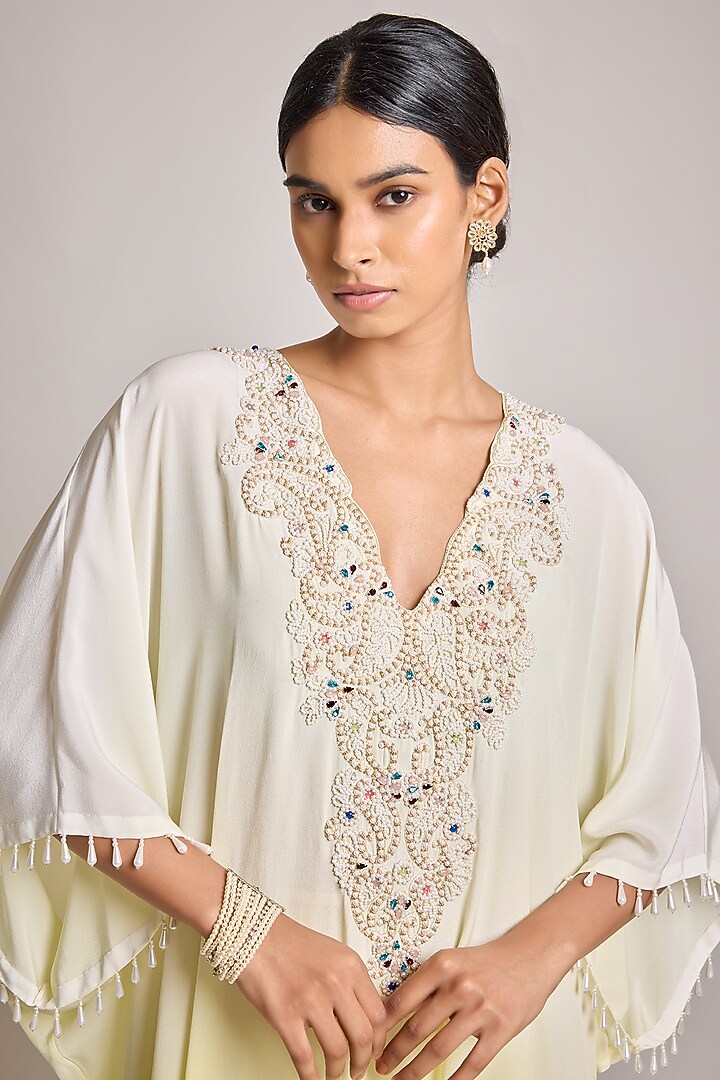 Ivory Crepe Embroidered Kaftan by SurilyG at Pernia's Pop Up Shop