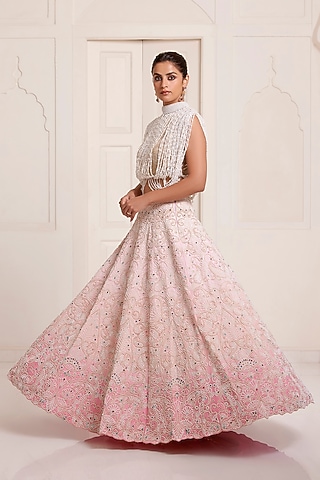 Ivory-Pink Silk & Net Ombre Lehenga Set by SurilyG